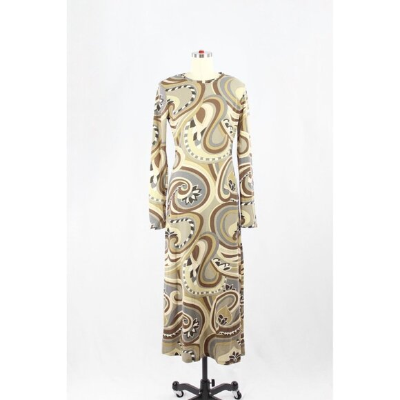 ZARA Beige Brown Graphic Print Knit Long Sleeve Bodycon Maxi Dress, Size M - Picture 1 of 15